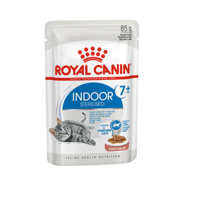 Royal Canin indoor sterilised cat food pouch on a white background