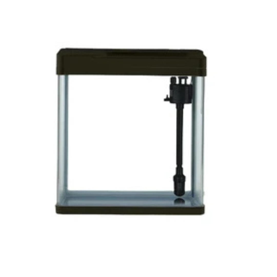 Small aquarium with a black lid on a white background