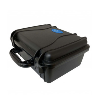 Black rectangular box with a blue label on a white background