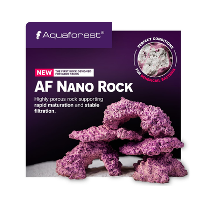 Aquaforest AF Nano Rock packaging with purple rock on a white background