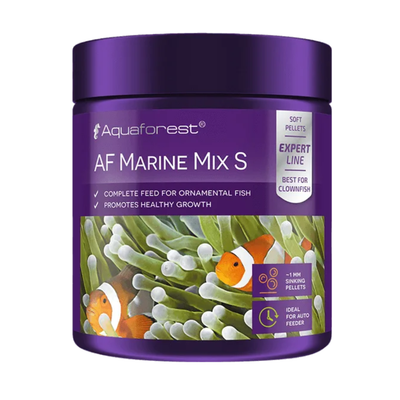 Aquaforest AF Marine Mix S fish food container with purple label and fish illustration on a white background