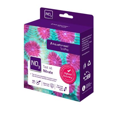 Aquaforest NO3 Test Kit packaging with tie-dye design on a white background