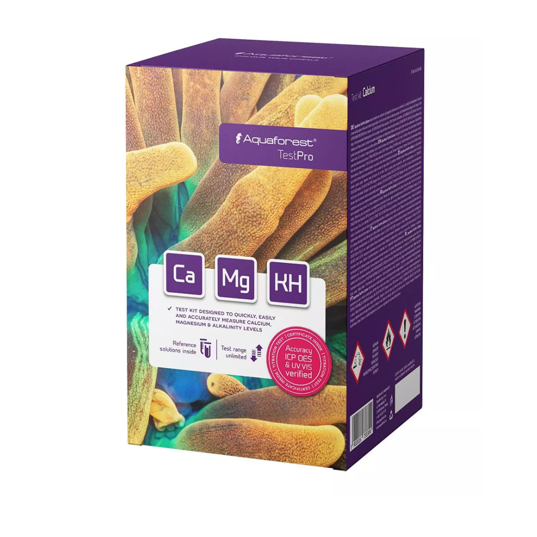 Aquaforest Test Pro aquarium test kit packaging with purple and yellow design.
