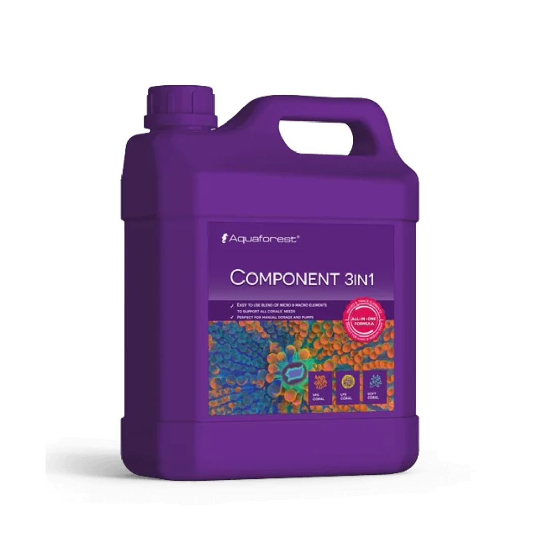 Purple container labeled 'Component 3in1' by Aquaforest on a white background