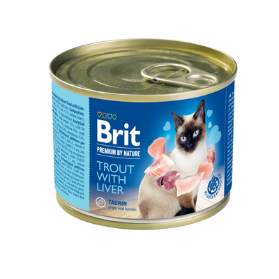 Can of Brit cat food with a blue label featuring a cat and text.