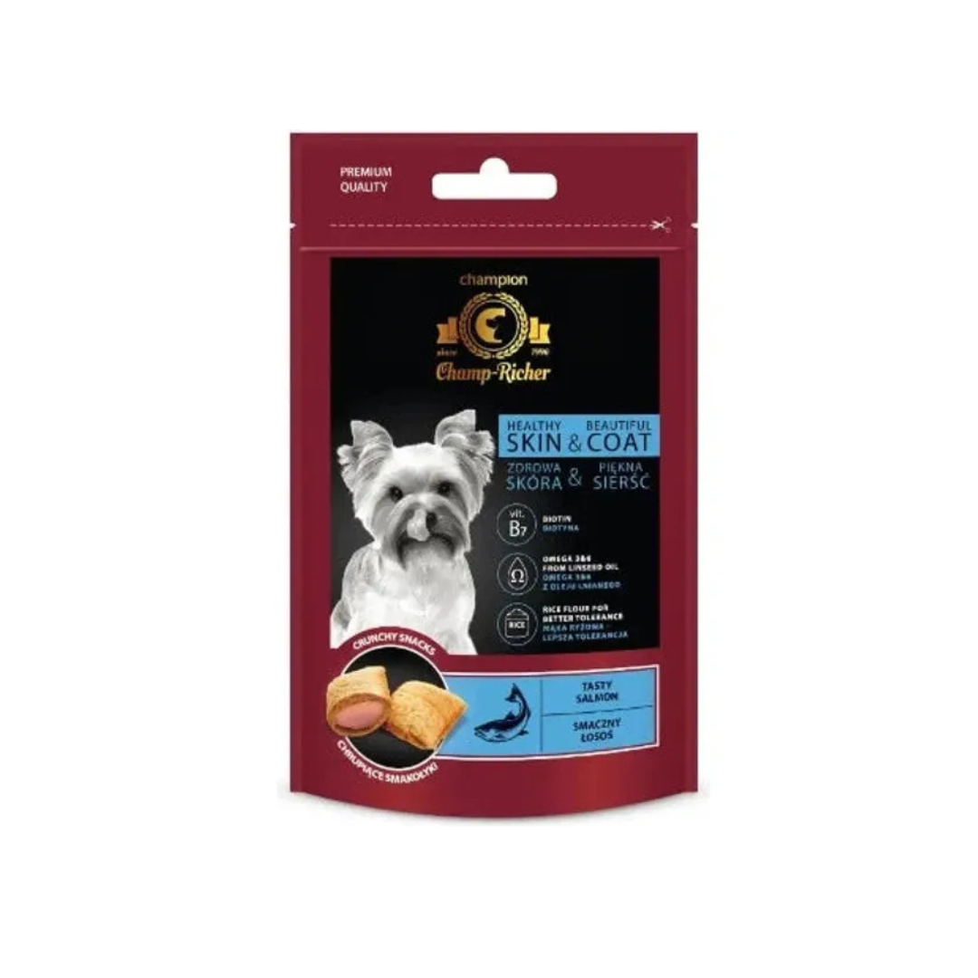 Dog treat package with a red border featuring a white dog and text on a white background