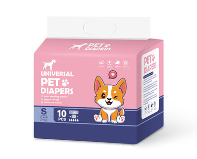 Box of universal pet diapers with cartoon dog on a white background