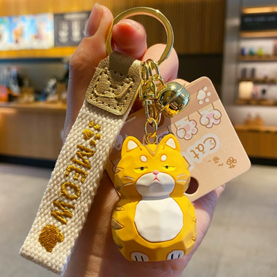 Wooden Carving Miao Miao Cat Family Keychain Yellow 4.7×3.4cm