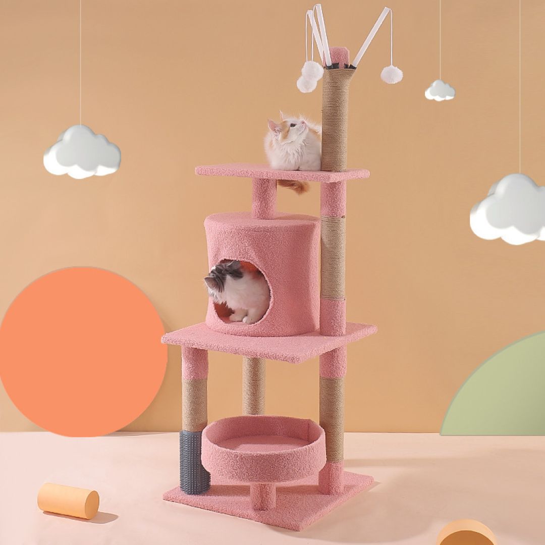 Multi-Level Pink Cat Tree with Scratcher 115cm