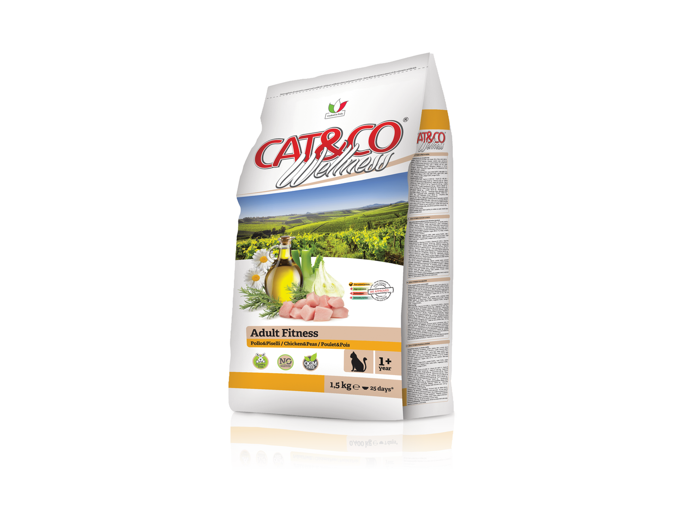 dry food for adult cats, made in Italy with chicken and peas. Free from artificial colors and preservatives, it supports heart health and promotes a shiny coat. Ideal for active indoor and outdoor cats