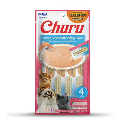 Packaging of Inaba Churu Salmon Recipe with Scallop Flavor cat treat on a white background