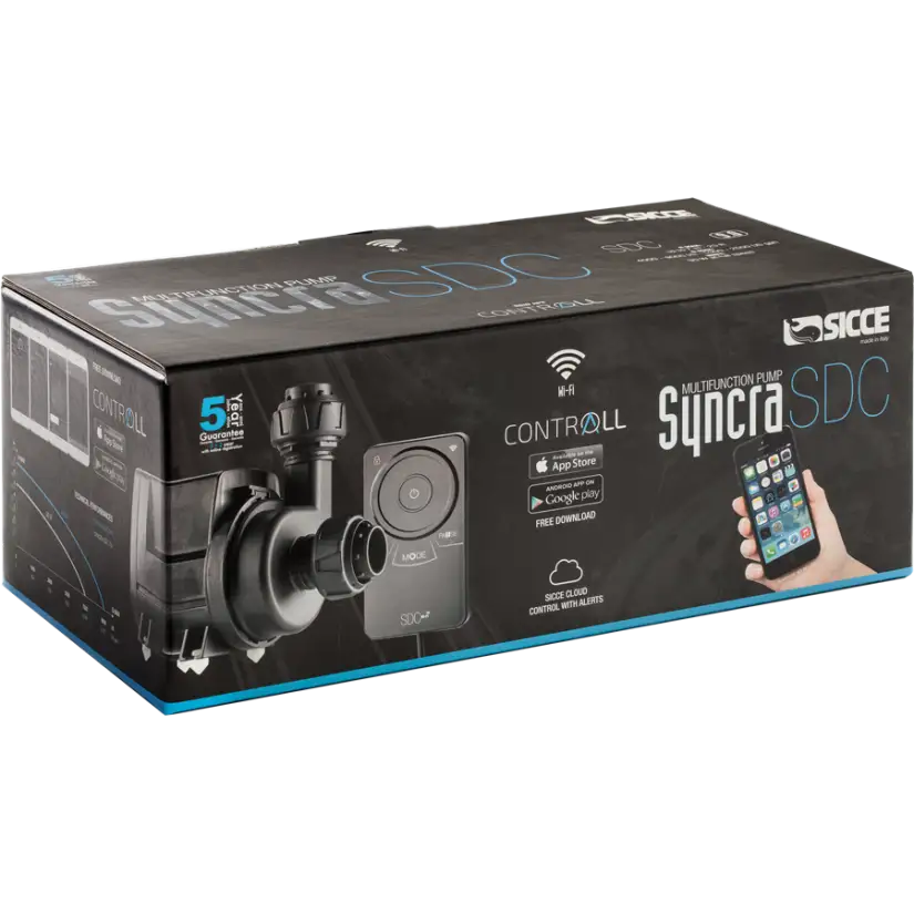 Sicce Syncra SDC pump packaging with pump illustration and smartphone display.