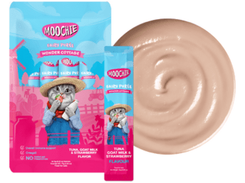Moochie Cat Tuna Recipe with Strawberry Flavor - nutritious tuna and salmon oil for healthy skin and immune support, enriched with omega-3 fatty acids and taurine. A tasty treat for your cat's well-being