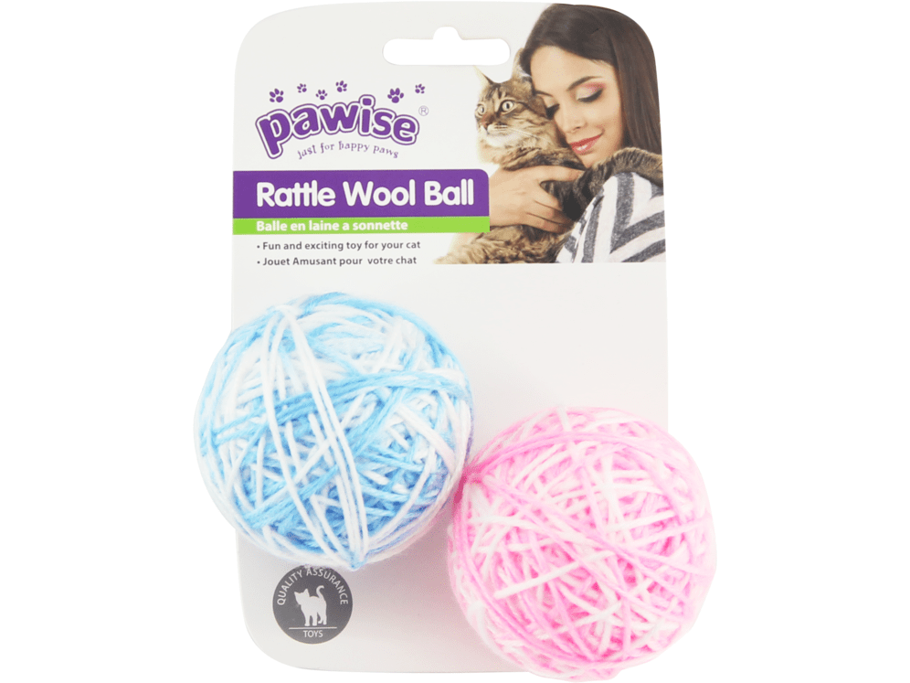 PAWISE 2.5"Rattle Wool Ball w/Tail 2PK