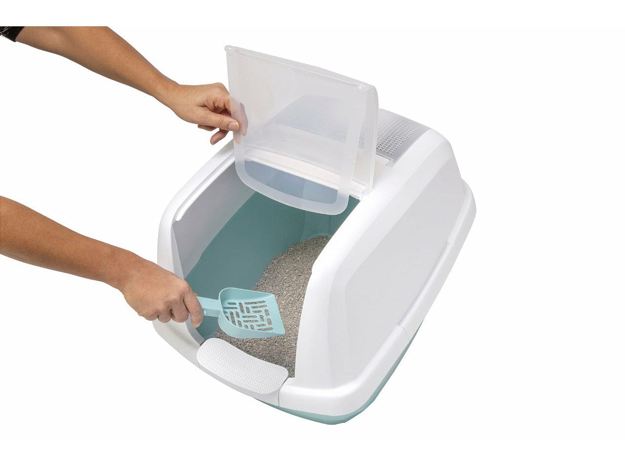 IMAC Maddy Cat Litter Box – White/Teal, 65 x 47.5 x 47.5 cm open