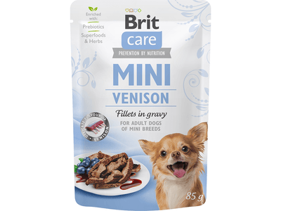 85g meat fillets in gravy for small dogs, made with 85% meat and enriched with prebiotics. Contains venison, rosemary, blueberries, and herbs, with no artificial additives