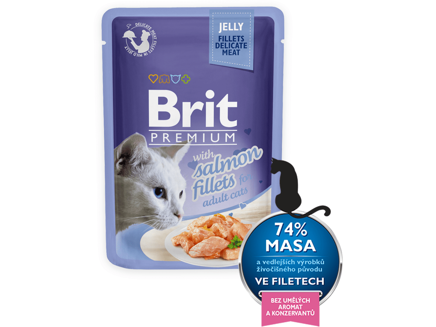 85g salmon fillets in jelly for adult cats, made with 74% meat and essential vitamins