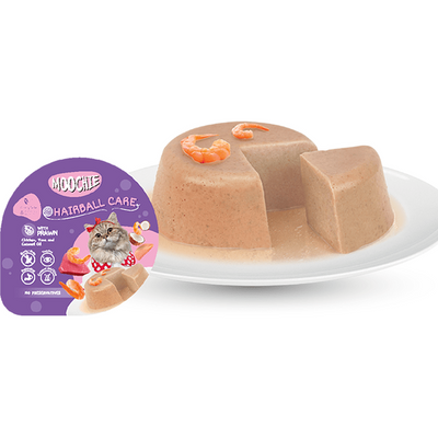 Bowl of Hairball Care Pate with prawn, chicken, and tuna, featuring a grain-free formula with proteins, omega-3s, and prebiotics for digestion. Designed for pets' shiny coats and sensitive care