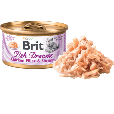 Brit Fish Dreams 80g cat food with chicken fillet and shrimp in juice, offering balanced nutrition and omega-3 fatty acids for feline health