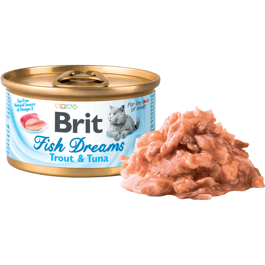 Brit Fish Dreams 80g cat food with trout and tuna in juice, promoting health and vitality with omega-3 fatty acids and no soy