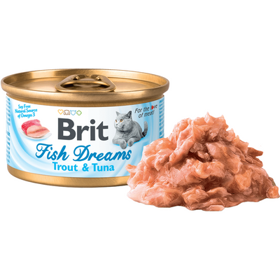 Brit Fish Dreams 80g cat food with trout and tuna in juice, promoting health and vitality with omega-3 fatty acids and no soy
