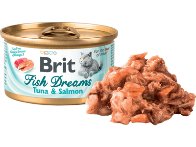 Brit Fish Dreams 80g cat food with tuna and salmon in juice, rich in omega-3s for health and vitality, featuring whole pieces of fish and soy-free ingredients
