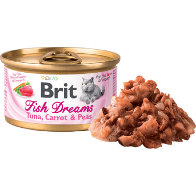 Brit Fish Dreams 80g cat food with tuna and vegetables in juice, promoting health and vitality with omega-3s, featuring whole pieces of fish
