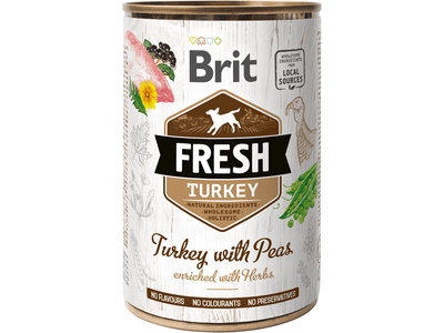 Brit Fresh dog food features a balanced mix of fresh turkey, buckwheat, and chickpeas, enriched with herbs. It contains 68% turkey and is free from gluten, soy, and preservatives, providing great flavor and hydration. With added salmon oil and linseed, it supports digestion and nutrition, perfect as a meal or dry food supplement