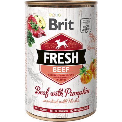 A bowl of Brit Fresh dog food featuring fresh beef, organs, veggies, and fruits. The food is made with locally sourced ingredients and contains no gluten, soy, GMOs, preservatives, or colorants