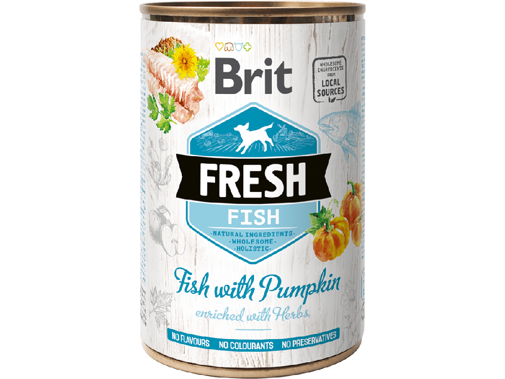Brit Fresh dog food made from fresh, local ingredients like meat and vegetables. It's gluten-free, soy-free, and free of GMOs and preservatives, offering a nutritious blend of fish, chicken, and wholesome ingredients