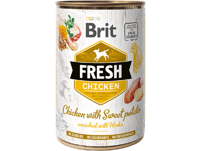 Brit Fresh dog food made with fresh chicken, turkey, vegetables, and herbs. Gluten-free and soy-free, it's packed with flavor and healthy fats for your dog's nutrition. Great as a meal or supplement, keeping your dog happy and hydrated