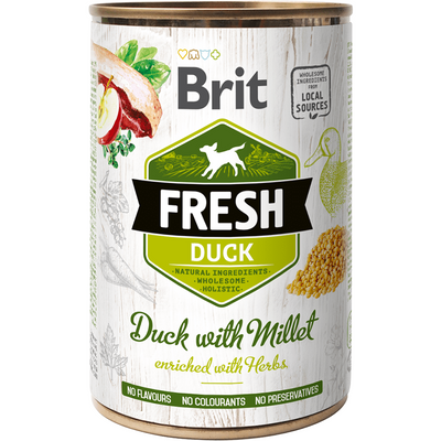 Brit Fresh dog food made with fresh duck, vegetables, fruits, and herbs. This gluten-free, soy-free formula includes millet and healthy oils, providing balanced nutrition without preservatives or colorants