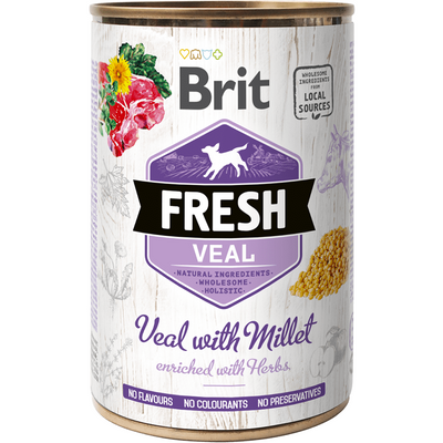 Brit Fresh premium dog food made with fresh veal, turkey, millet, and apples. No gluten, soy, GMOs, or preservatives. Packed with vitamins and healthy oils for hydration and coat health. Ideal as a meal or a supplement for added flavor and moisture