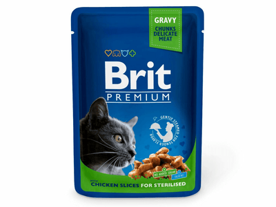 Brit Premium Cat Pouches with chicken slices, formulated for sterilized cats. Contains 80% meat, including 8% chicken, plus essential vitamins and minerals. Free from colorants and preservatives for a healthy meal
