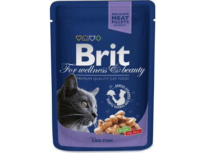 Brit Premium Complete Wet Food for Adult Cats, featuring 60% meat and 16% fish for essential protein. Free from colorants and preservatives, it includes key vitamins and minerals for health. Each easy-to-open pouch offers convenience for mealtime