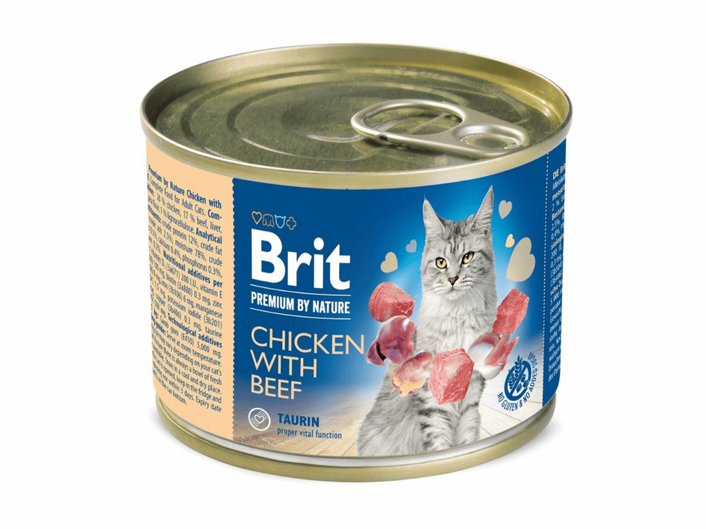 Brit Premium by Nature Chicken with Beef is a tasty meat paté for adult cats. It contains 28% chicken and 17% beef, is gluten-free, and has no added sugar or preservatives. This nutritious treat supports your cat's health with essential nutrients, including taurine. Available in 0.2 kg packs