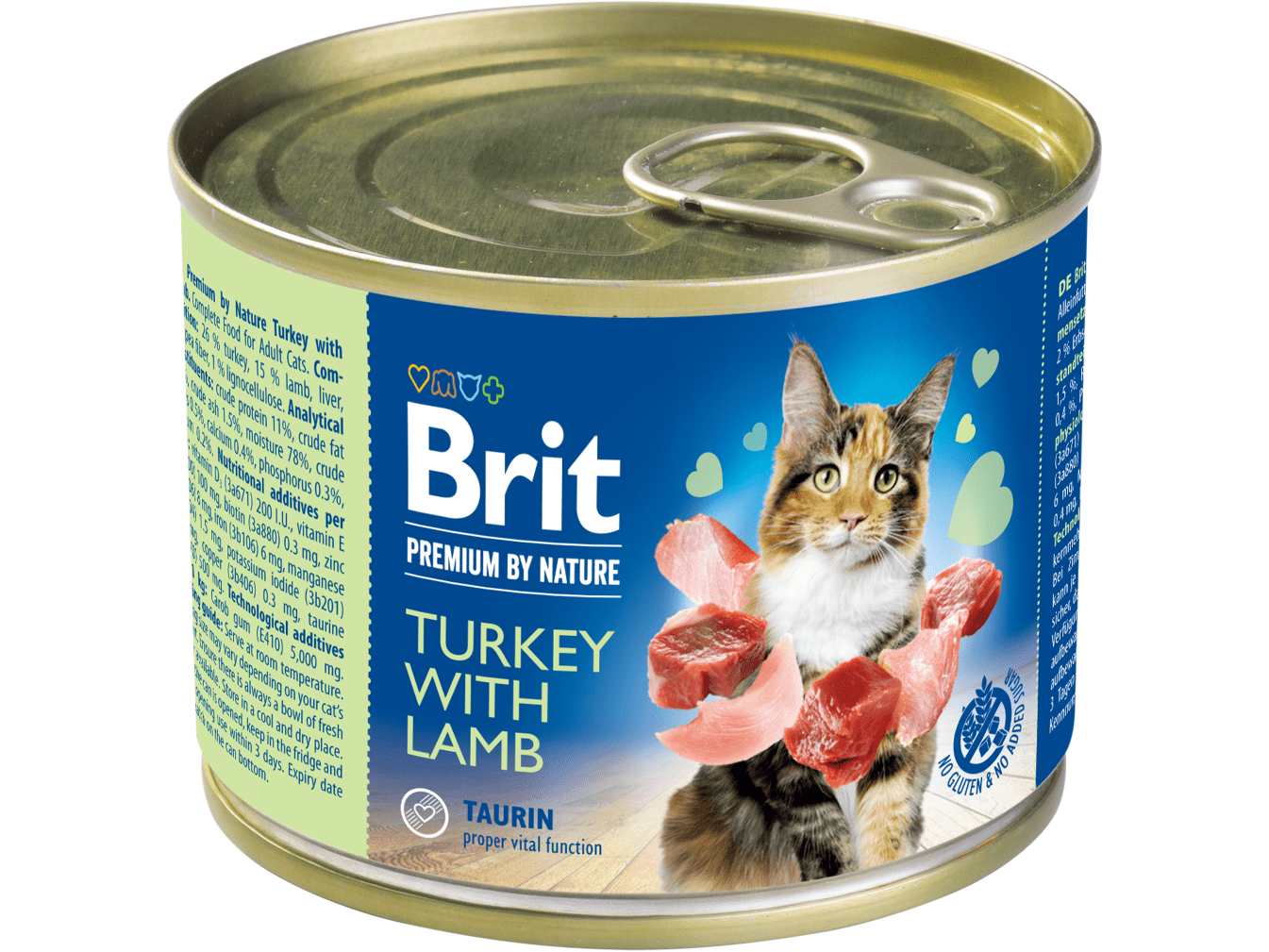 Brit Premium by Nature Turkey with Lamb pate for adult cats, made with 26% turkey and 15% lamb. Gluten-free, no added sugars or preservatives. Perfect as a treat or kibble topper. Available in a 200g size