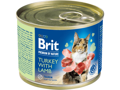 Brit Premium by Nature Turkey with Lamb pate for adult cats, made with 26% turkey and 15% lamb. Gluten-free, no added sugars or preservatives. Perfect as a treat or kibble topper. Available in a 200g size