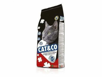 CAT & CO Adult Mix Beef and Chicken Dry Cat Food offers balanced nutrition with Omega 3 and 6 for shiny fur, taurine for heart and eye health, and essential vitamins. It promotes urinary health with a balanced pH and low magnesium. Easy to serve and store