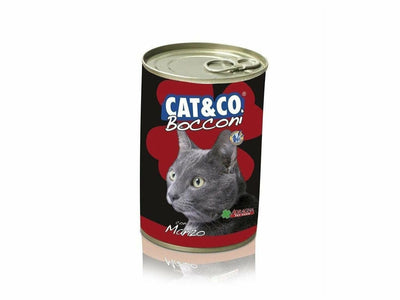 CAT&CO Chunks Beef wet cat food, 405 g pack with 5% beef and essential nutrients. Contains 80% moisture and added Vitamin E for hydration and health. Ready to serve—just open and enjoy