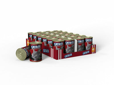 CAT&CO Chunks Beef wet cat food (405g) with 5% beef, cereals, and minerals. Contains 80% moisture for hydration and is high in protein and healthy fats. Ready to serve—just open the can