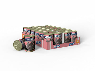 CAT&CO Chunks Salmon wet food with 4.3% salmon, providing a nutritious and protein-rich meal in a 24x405g pack. Ready to serve, no heating needed