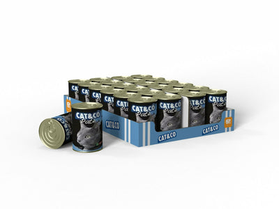 CAT & CO Pate Tuna is a 405g wet cat food with 4% tuna and essential nutrients, ready to serve with no heating needed