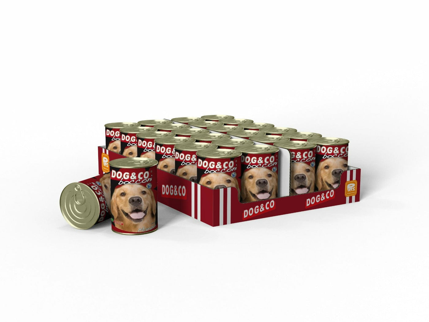 DOG&CO Chunks Beef 24x405g wet dog food, made with 5% beef and essential vitamins. Contains 7% protein and 6% fats for your dog's health. No heating needed; store in a cool, dry place away from sunlight