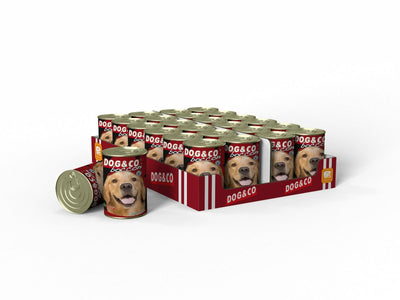 DOG&CO Chunks Beef 24x405g wet dog food, made with 5% beef and essential vitamins. Contains 7% protein and 6% fats for your dog's health. No heating needed; store in a cool, dry place away from sunlight