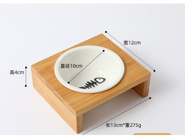 Elevated Wooden Pet Food Bowl with Ceramic Bowl - 15° Tilted Design