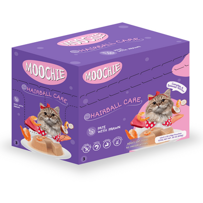 Hairball Care Pate with Prawn - Grain-free pet food with chicken, tuna, prebiotics for digestion, and coconut oil for a healthy coat, free from artificial additives
