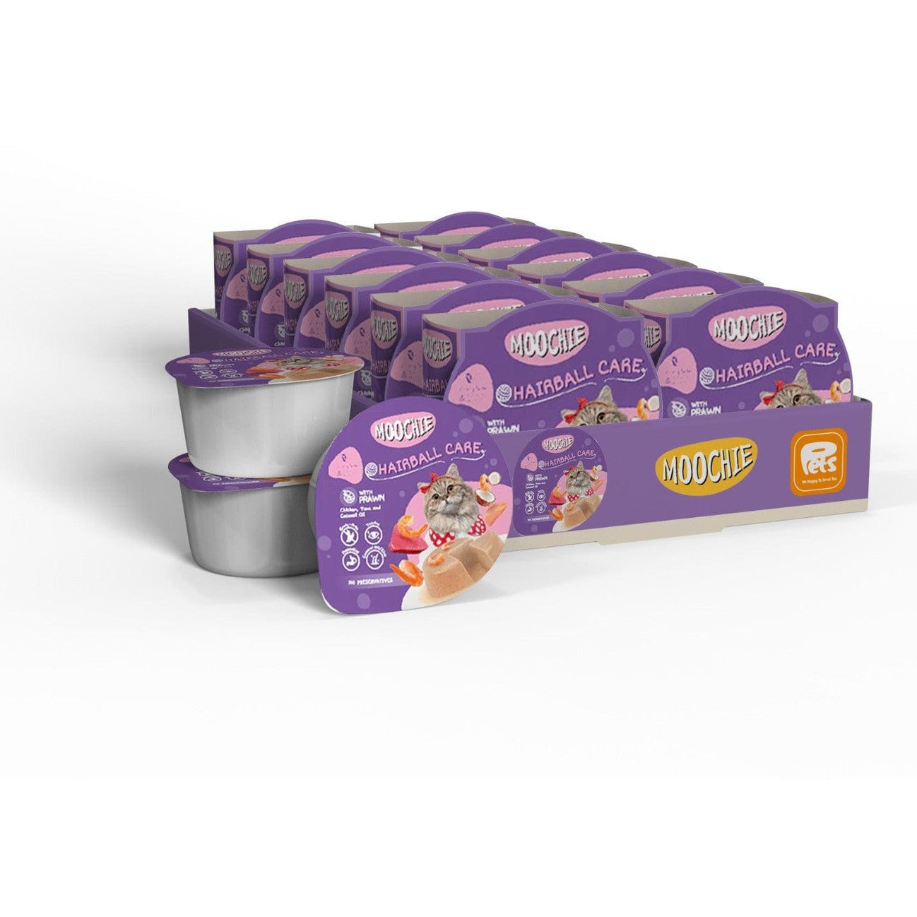 Hairball Care Pate with Prawn – grain-free formula with chicken, tuna, and coconut oil for balanced nutrition and shiny coat, ideal for sensitive pets