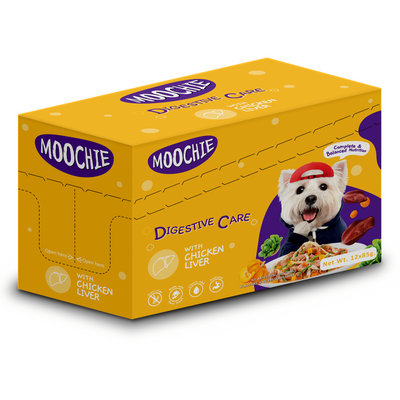 Image of Moochie Casserole with Chicken Liver in a 12x85g pouch, designed for digestive care, featuring a wholesome and appetizing presentation