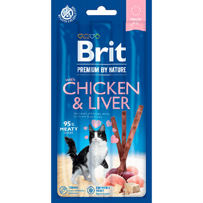 Meat chew sticks for cats, enriched with vitamins and taurine, come in a pack of 3 individually wrapped snacks. Ideal for rewards and playtime